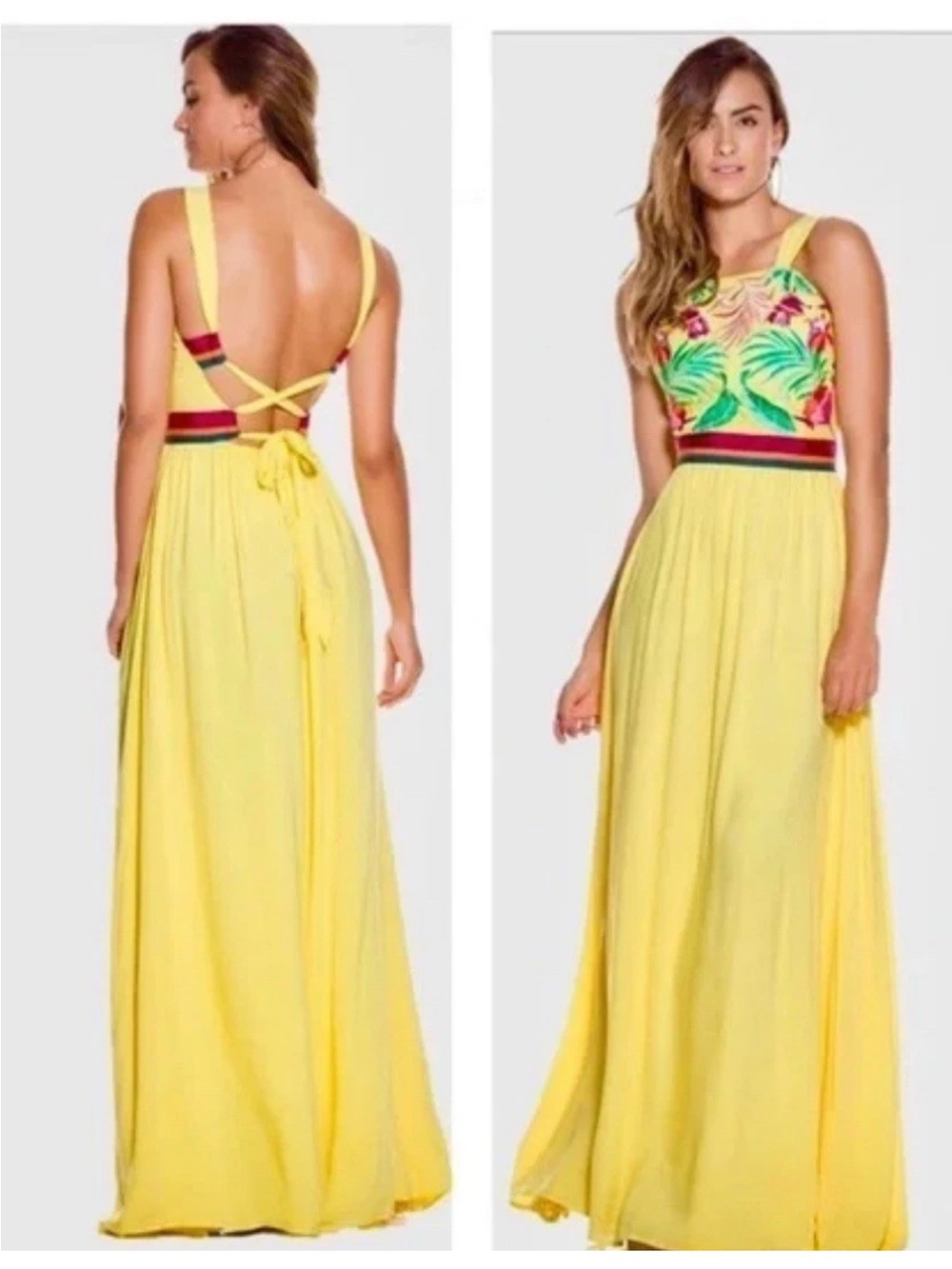 OndadeMar Yellow Tropical Embroidered Beaded Maxi Dress Open Back Resort Travel